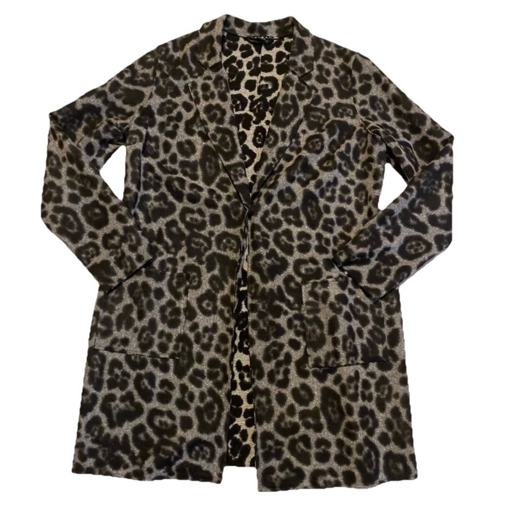 Tribal Mid-Length Pea Coat Parka Womens Size Large Collared Grey Leopard Print